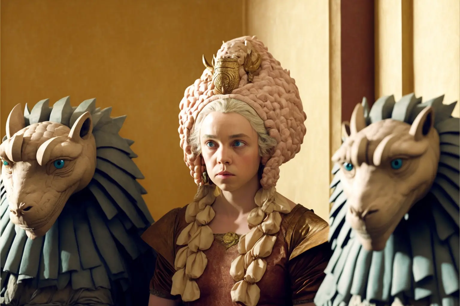 still from film, Daenerys Targaryen and her dragons, directed by Wes Anderson, quirky costume design